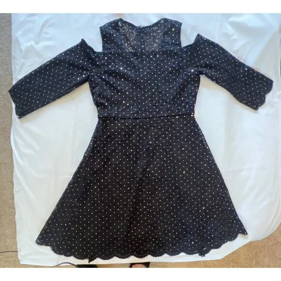 Black Lace Cold Shoulder Dress With Rhinestone Detail Scalloped Hem & Zipper Clo - Picture 5 of 6